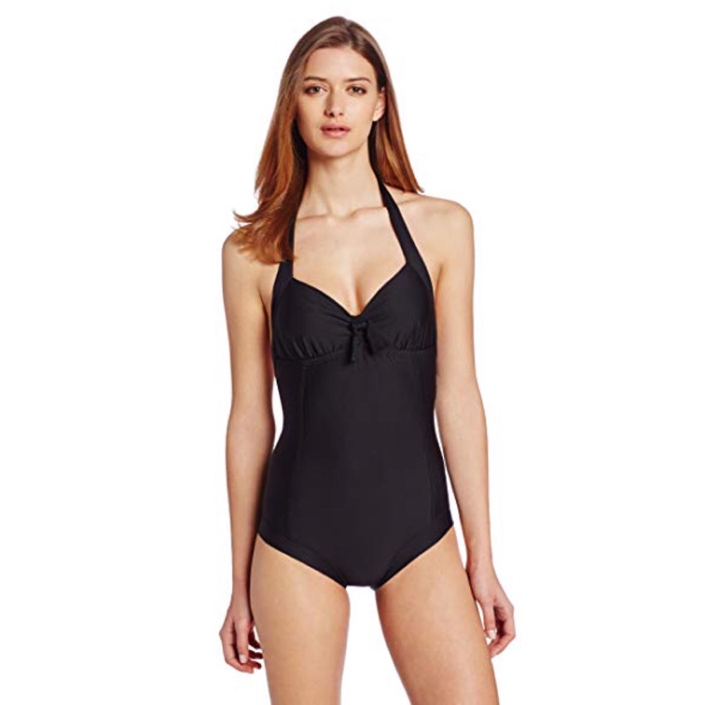Ella Moss NEW Retro Fit Tie Solids Bow Vintage Pinup Halter Monokini One Piece